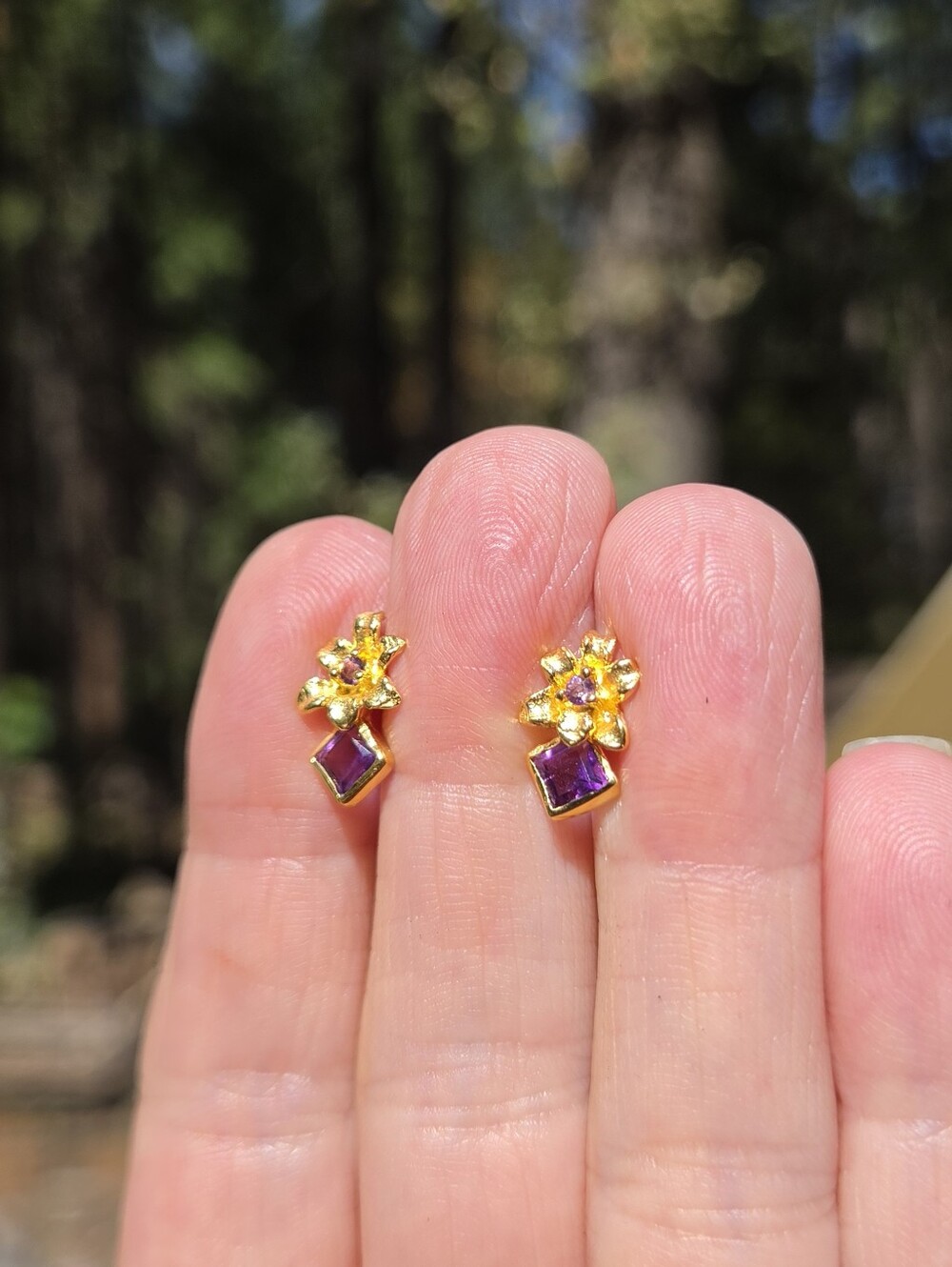 Gold Amethyst Floral Drop Earrings - Picture 5 of 7